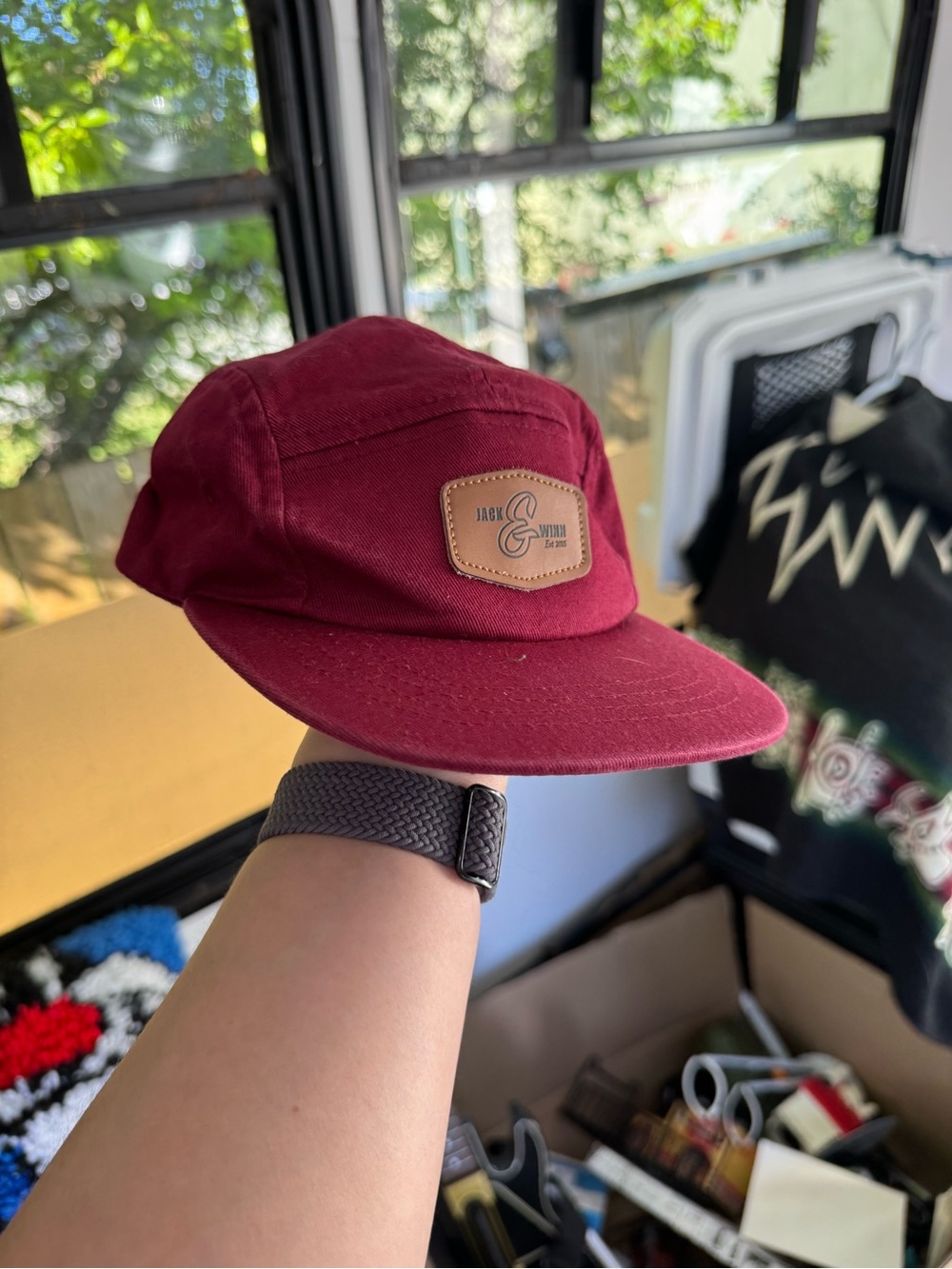 Kids Maroon Five-Panel Cap with Leather Patch